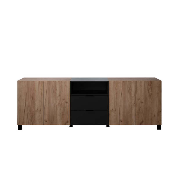 Kendo dressoir 4 deuren, 2 laden, 1 plank, eik decor, zwart mat.