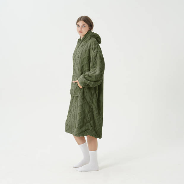 SOPHIE Oversized Hoodie - 70x110 cm - Hoodie & deken in één - extra grote kabeltrui met capuchon - Military Olive - groe