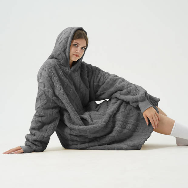 SOPHIE Oversized Hoodie - 70x110 cm - Hoodie & deken in één - extra grote kabeltrui met capuchon - Charcoal Gray - antra