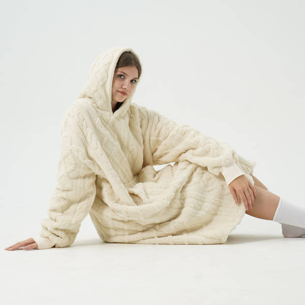 SOPHIE Oversized Hoodie - 70x110 cm - Hoodie & deken in één - extra grote kabeltrui met capuchon - Bone White - offwhite