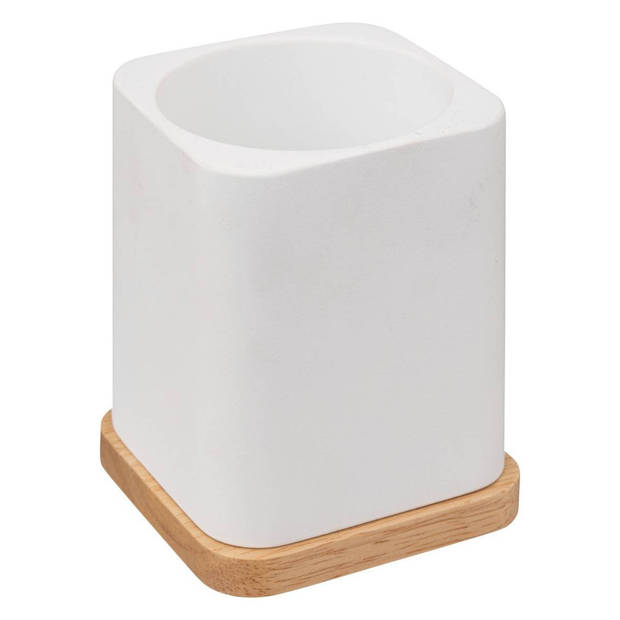 Badkamer/toilet accessoires set - WC-borstel in houder en zeeppompje - wit - bamboe - 200 ml - Badkameraccessoireset