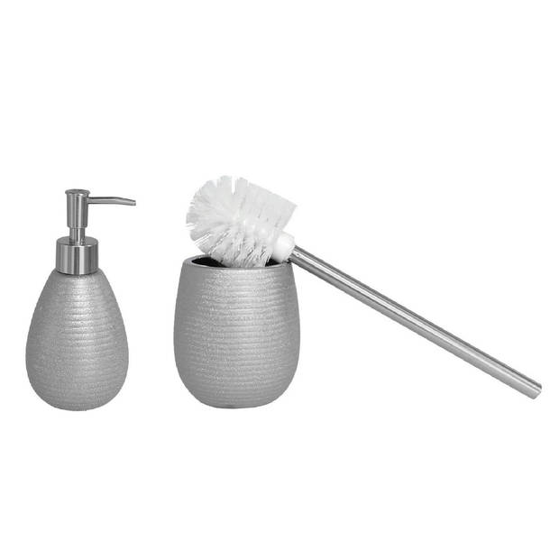 WC-/toiletborstel houder polystone met zeeppompje 280 ml zilver kleurig - Badkameraccessoireset