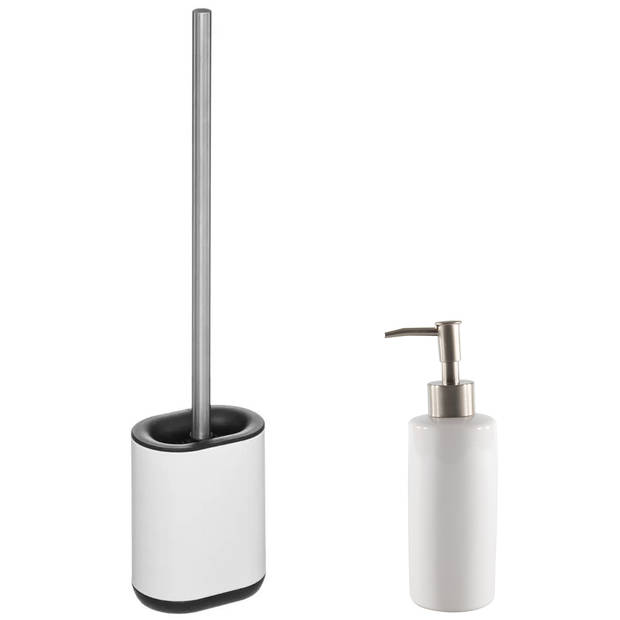 WC-/toiletborstel en houder - wit - met zeeppompje 400 ml - Badkameraccessoireset