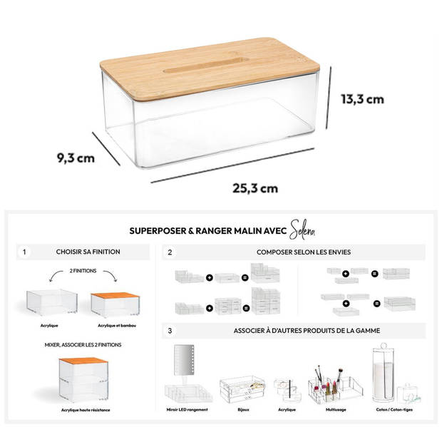 5Five tissuebox/tissuedoos - transparant/lichtbruin - 25 x 9 x 13 cm - bamboe/kunststof - universeel - Tissuehouders