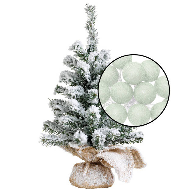 Mini kerstboom - besneeuwd -H45 cm - met lichtsnoer lichtgroen - Kunstkerstboom