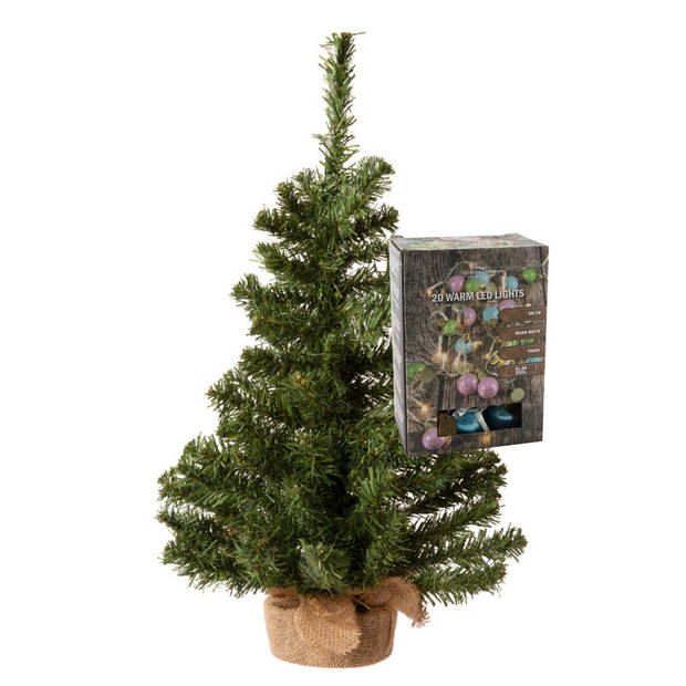 Kleine kunst kerstboom - H60 cm- incl. gekleurde kerstballen lichtsnoer - Kunstkerstboom