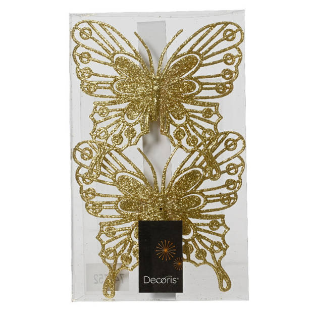 Decoris kerstboom vlinders op clip - 2x stuks -goud - 13 cm - glitter - Kersthangers