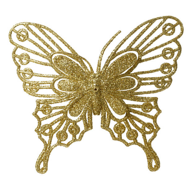 Decoris kerstboom vlinders op clip - 2x stuks -goud - 13 cm - glitter - Kersthangers
