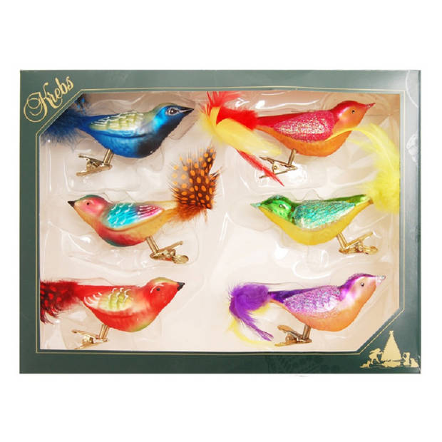 Krebs kerstboom vogels op clip - 6x st - gekleurd - glas - 11 cm - Kersthangers