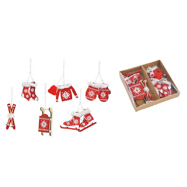 12x stuks houten kersthangers wit/rood wintersport thema kerstboomversiering - Kersthangers