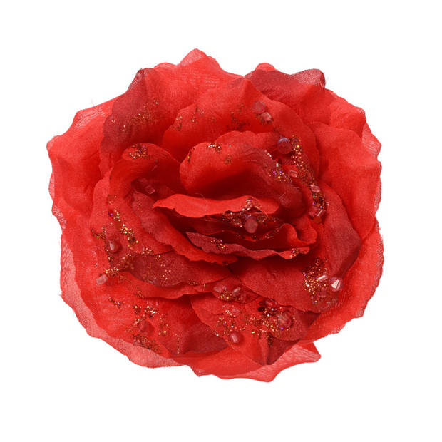 Kerstboom bloemen - 2x st - rood - 14 cm - op clip - kerstrozen - Kersthangers