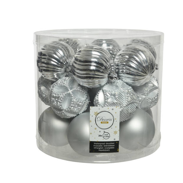 40x stuks luxe kunststof kerstballen zilver mix 8 cm - Kerstbal