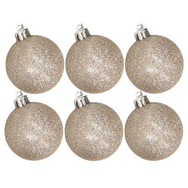 6x stuks kunststof glitter kerstballen champagne 8 cm - Kerstbal