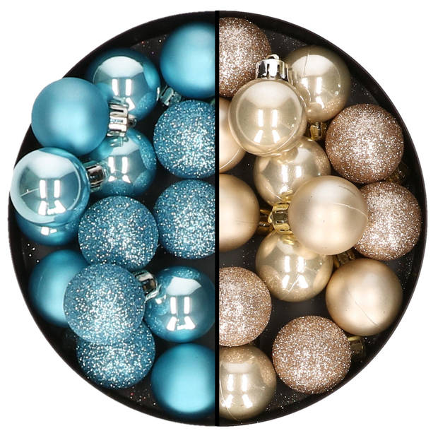 Kleine kerstballen - 28x st - champagne en ijsblauw - 3 cm - kunststof - Kerstbal
