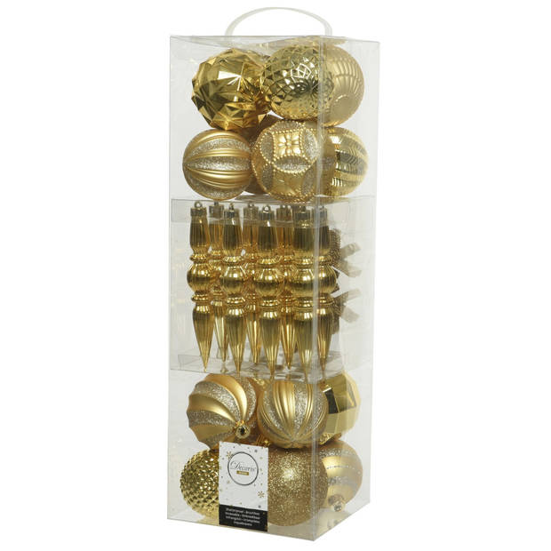 60x stuks kunststof kerstballen en ornamenten goud mix - Kerstbal