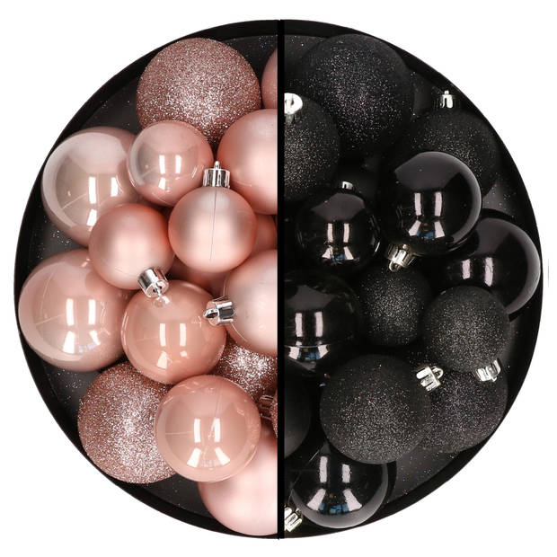 Kerstballen 60x stuks - mix lichtroze/zwart - 4-5-6 cm - kunststof - Kerstbal