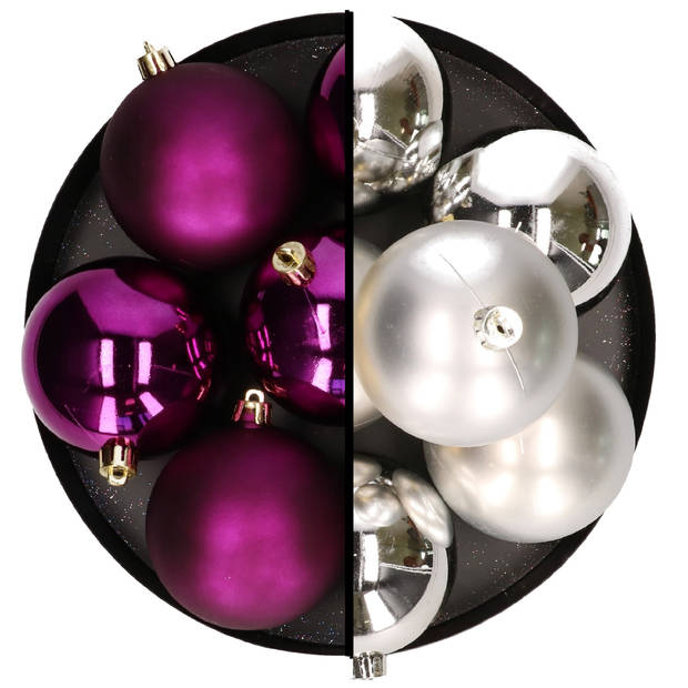 Decoris kerstballen - 12x st - 8 cm - zilver en paars - kunststof - Kerstbal