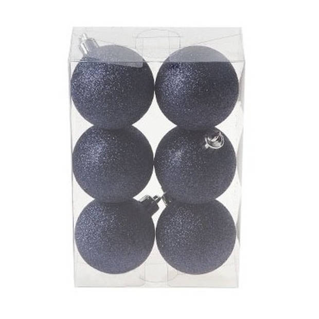 6x Kunststof kerstballen glitter donkerblauw 6 cm versiering - Kerstbal