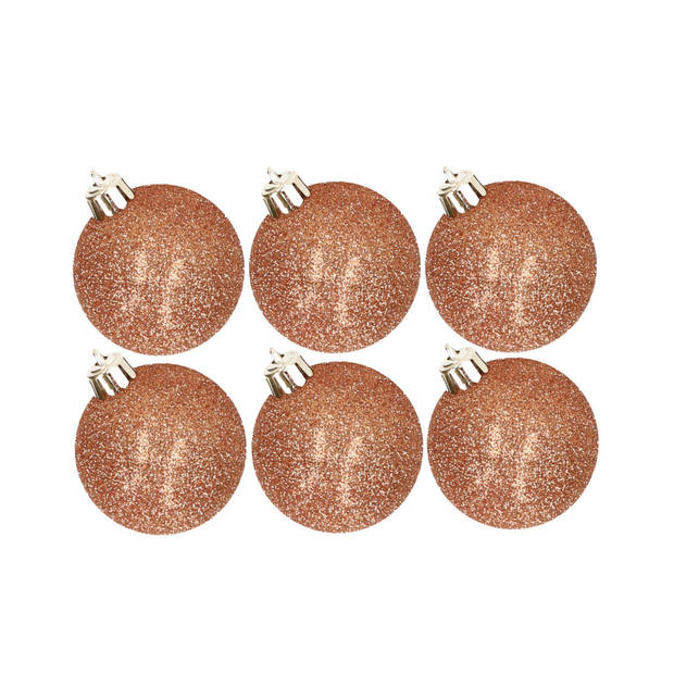 6x stuks kunststof glitter kerstballen koper 6 cm - Kerstbal