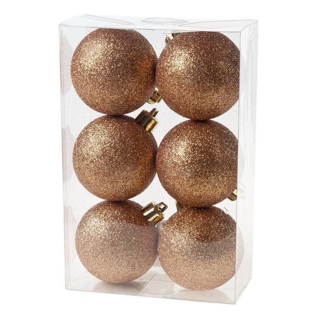 6x stuks kunststof glitter kerstballen koper 6 cm - Kerstbal