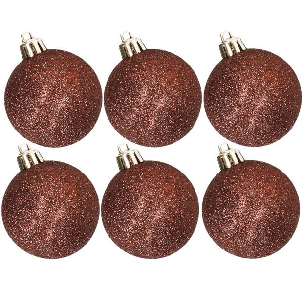 6x stuks kunststof glitter kerstballen donkerbruin 8 cm - Kerstbal