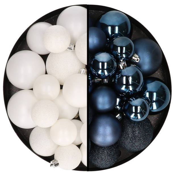 Kerstballen 60x stuks - mix wit/donkerblauw - 4-5-6 cm - kunststof - Kerstbal