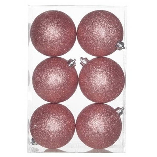 6x stuks kunststof glitter kerstballen roze 8 cm - Kerstbal