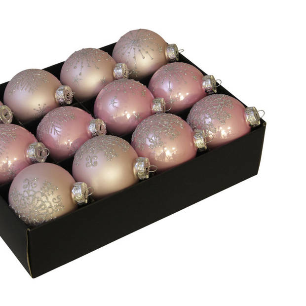 Othmar Decorations Kerstballen - 12x- poederroze - 7.5 cm - Kerstbal