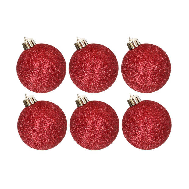 6x stuks kunststof glitter kerstballen rood 6 cm - Kerstbal