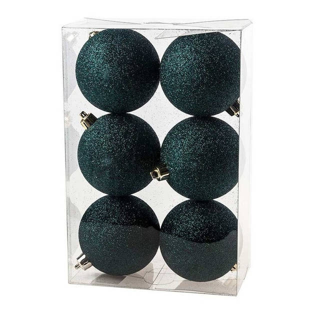 6x stuks kunststof glitter kerstballen petrol groen 8 cm - Kerstbal