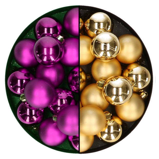 Kleine kerstballen 32x stuks - mix goud en paars - 4 cm - kunststof - Kerstbal