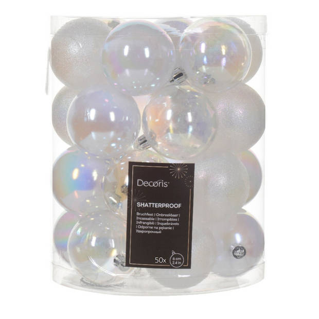 Decoris kerstballen - 50x stuks - 6 cm - kunststof -transparant parelmoer - Kerstbal