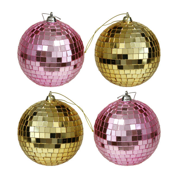 Kerstballen disco - 4x st - goud en roze - 10 cm - kunststof - Kerstbal