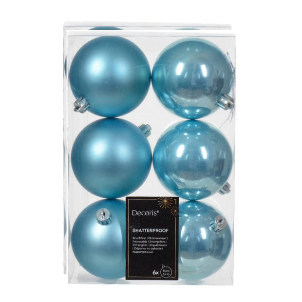 Decoris kerstballen - 12x - ijsblauw - 8 cm -kunststof - Kerstbal