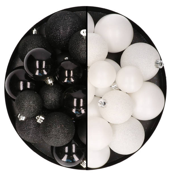 Kerstballen 60x stuks - mix wit/zwart - 4-5-6 cm - kunststof - Kerstbal