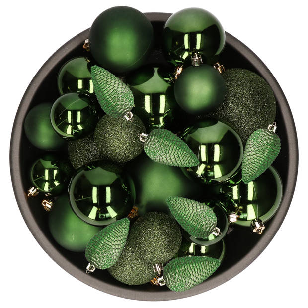 Kerstballen en dennenappels ornamenten - 32x st - donkergroen - kunststof - Kerstbal