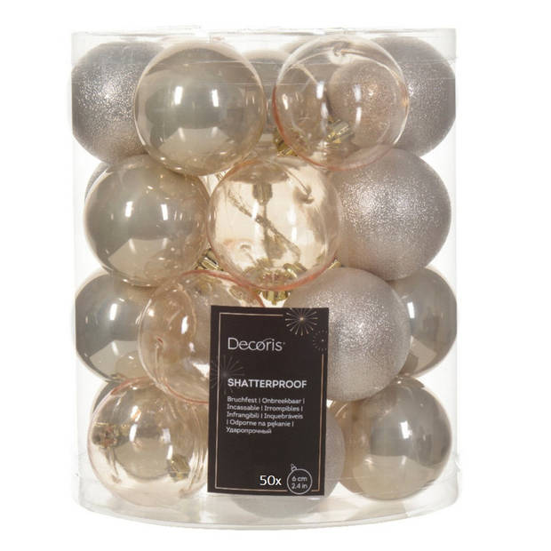 Decoris kerstballen - 50x stuks - 6 cm - kunststof -champagne - Kerstbal