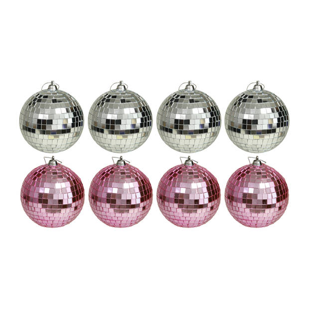 Kerstballen disco - 8x st - roze en zilver - 8 cm - kunststof - Kerstbal