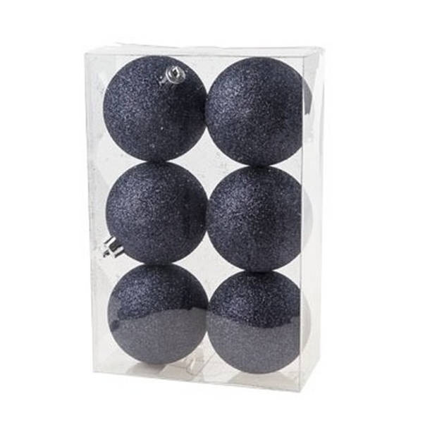 6x stuks kunststof glitter kerstballen donkerblauw 8 cm - Kerstbal