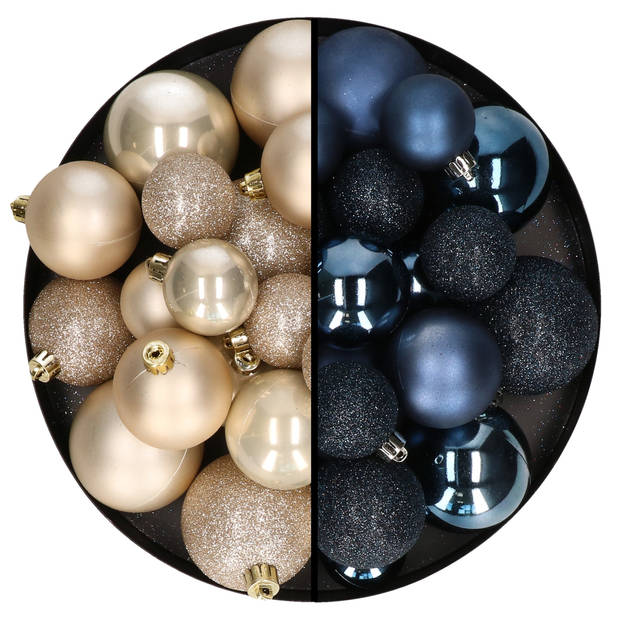 Kerstballen 60x stuks - mix donkerblauw/champagne - 4-5-6 cm - kunststof - Kerstbal