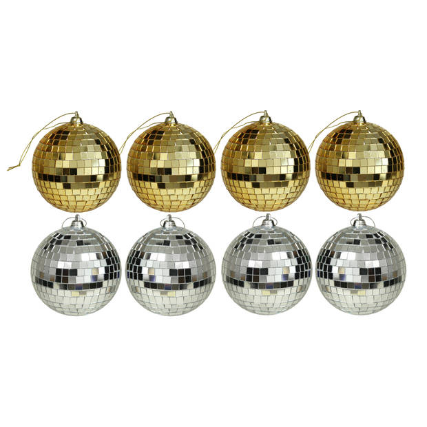 Kerstballen disco - 8x st - goud en zilver - 8 cm - kunststof - Kerstbal