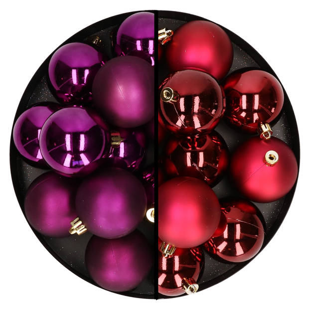 Kerstballen 24x stuks - mix donkerrood en paars - 6 cm - kunststof - Kerstbal