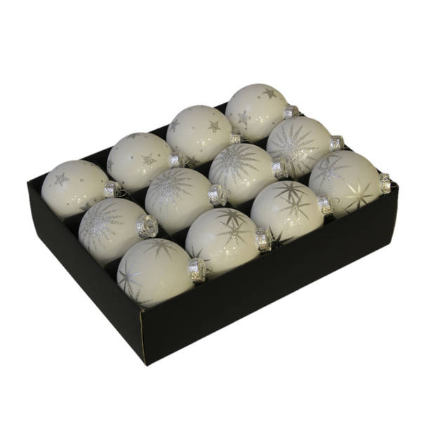 24x Luxe glazen sneeuwvlokken/sterren kerstballen wit 7,5 cm - Kerstbal