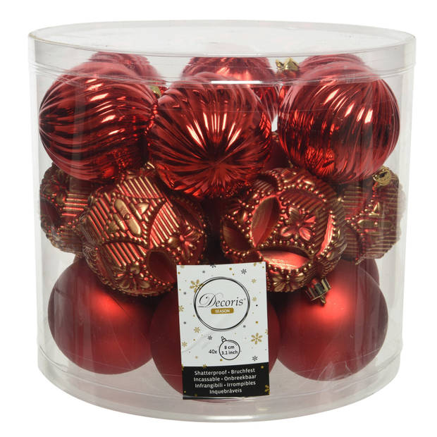 40x stuks luxe kunststof kerstballen rood mix 8 cm - Kerstbal