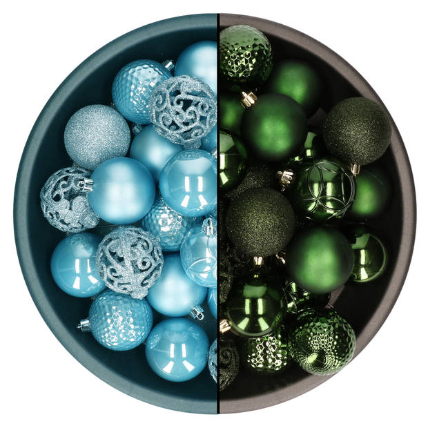 Decoris kerstballen - 74x st - donkergroen en ijsblauw - 6 cm - kunststof - Kerstbal