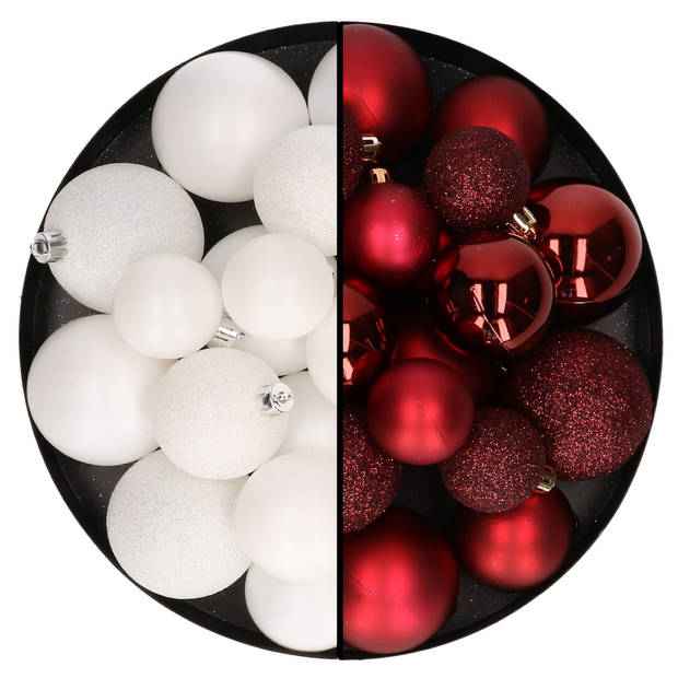 Kerstballen 60x stuks - mix donkerrood/wit - 4-5-6 cm - kunststof - Kerstbal