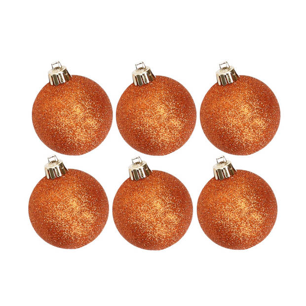 6x stuks kunststof glitter kerstballen oranje 6 cm - Kerstbal