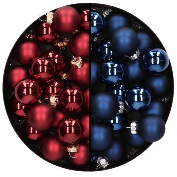 Mini kerstballen - 48x st - donkerblauw en donkerrood - 2,5 cm - glas - Kerstbal