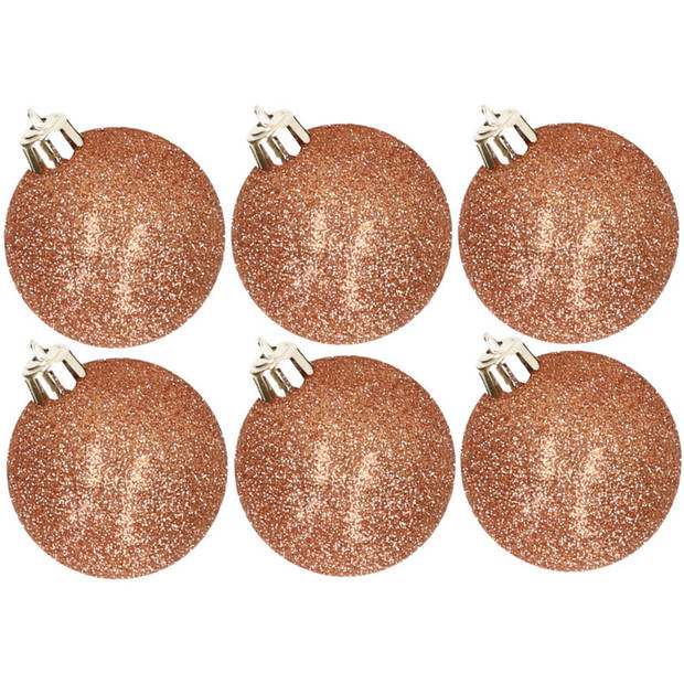 6x stuks kunststof glitter kerstballen koper 8 cm - Kerstbal