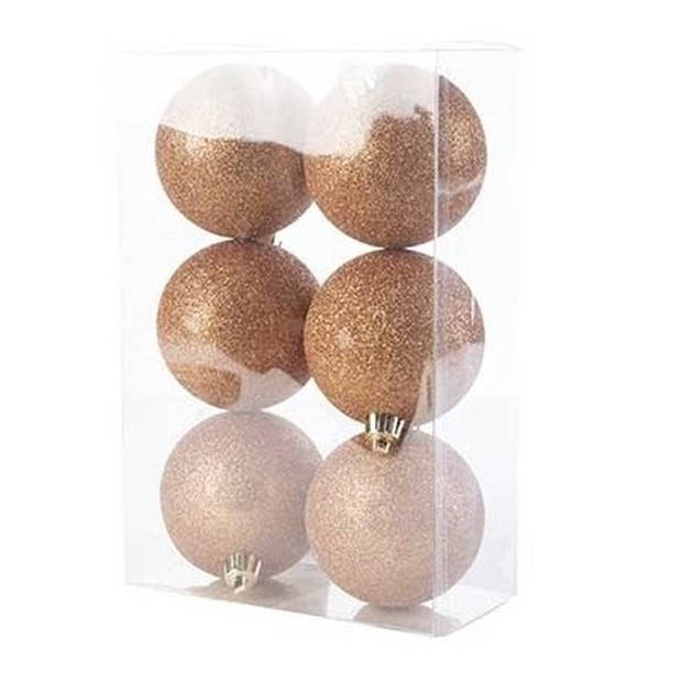 6x Kunststof kerstballen glitter koper 8 cm kerstboom versiering - Kerstbal